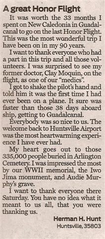 Herman Hunt's Honor Flight Thank You Note