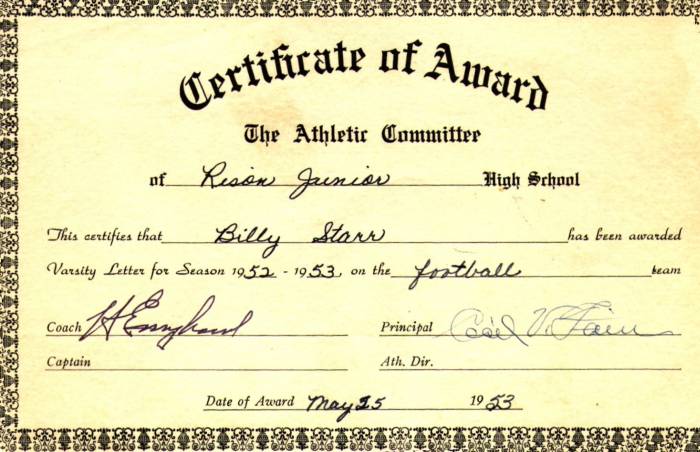 Billy Starr's Certificate of Award 1952 - 1953